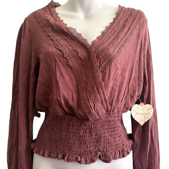 NWT Self Esteem Boho Blouse | Lace Trim Smocked Waist Top | Size M - Picture 5 of 12